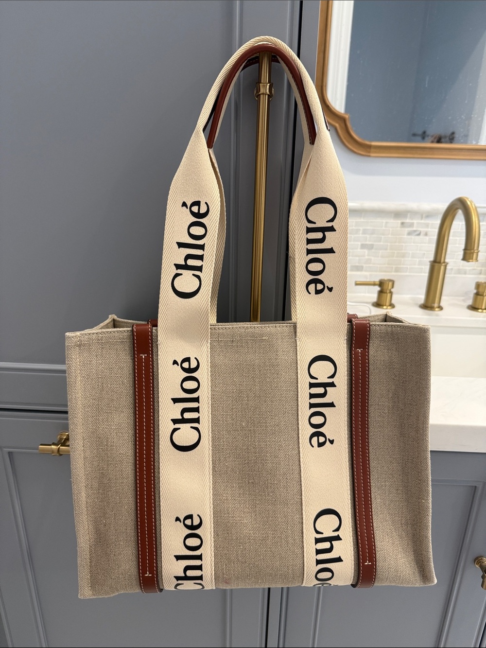 Chloé Woody Tote with Logo Straps - Beige & Brown - like new